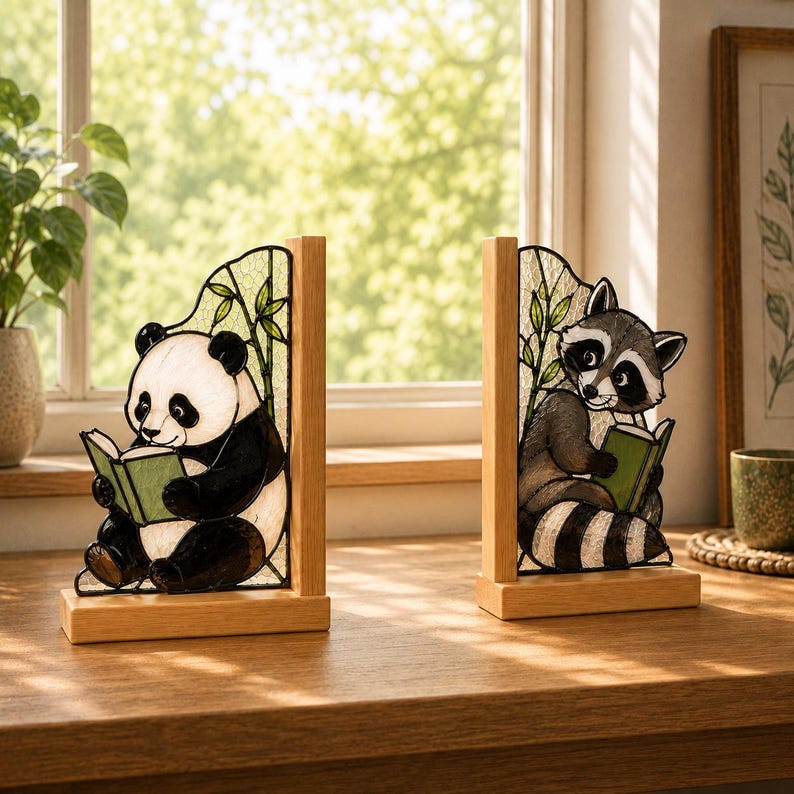Panda & Waschbär Glas Buchstützen aus Holz, niedliche Tier Buchstützen für Bücherregal, Leseecke und Schreibtisch