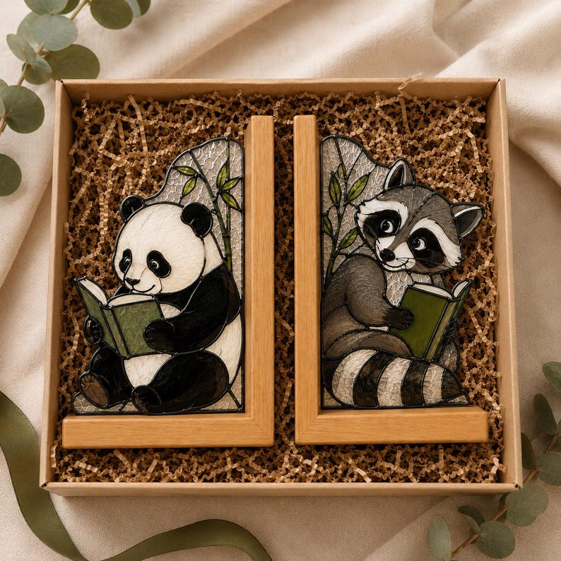 Panda & Waschbär Glas Buchstützen aus Holz, niedliche Tier Buchstützen für Bücherregal, Leseecke und Schreibtisch