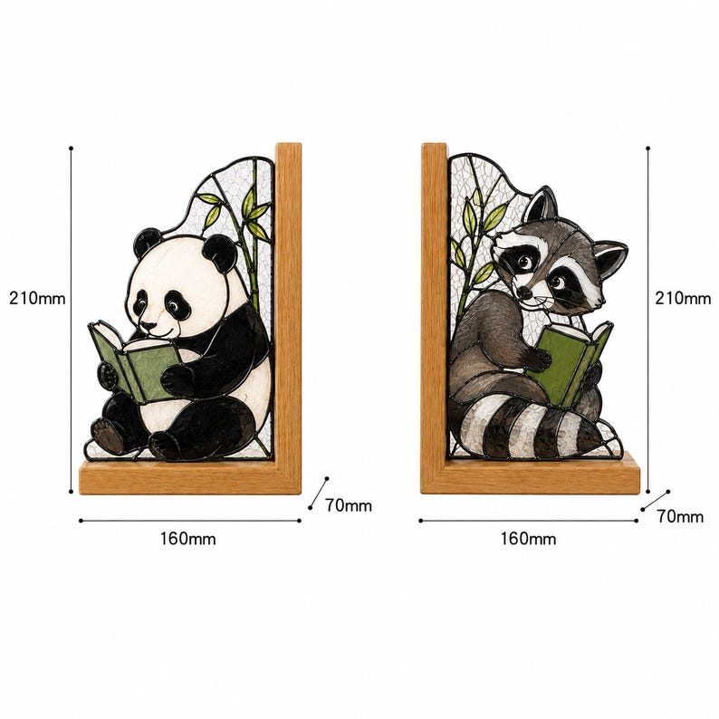 Panda & Waschbär Glas Buchstützen aus Holz, niedliche Tier Buchstützen für Bücherregal, Leseecke und Schreibtisch