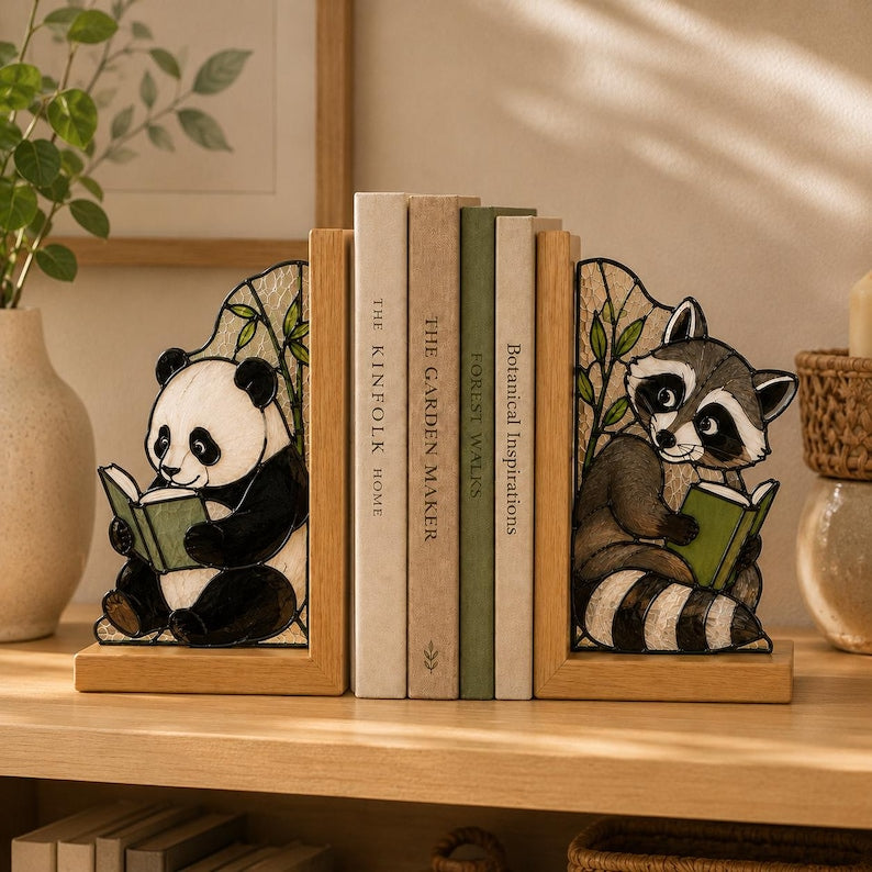 Panda & Waschbär Glas Buchstützen aus Holz, niedliche Tier Buchstützen für Bücherregal, Leseecke und Schreibtisch