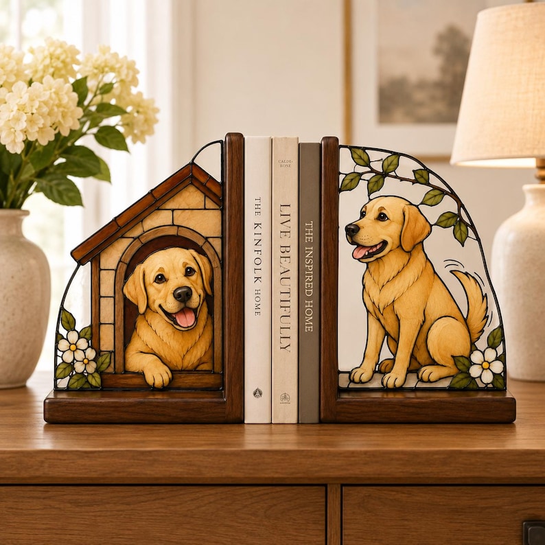 Buchstützen mit Golden Retriever und Hundehütte, Buntglasoptik, Holzrahmen, 2er-Set, Deko für Bücherregal