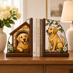 Buchstützen mit Golden Retriever und Hundehütte, Buntglasoptik, Holzrahmen, 2er-Set, Deko für Bücherregal