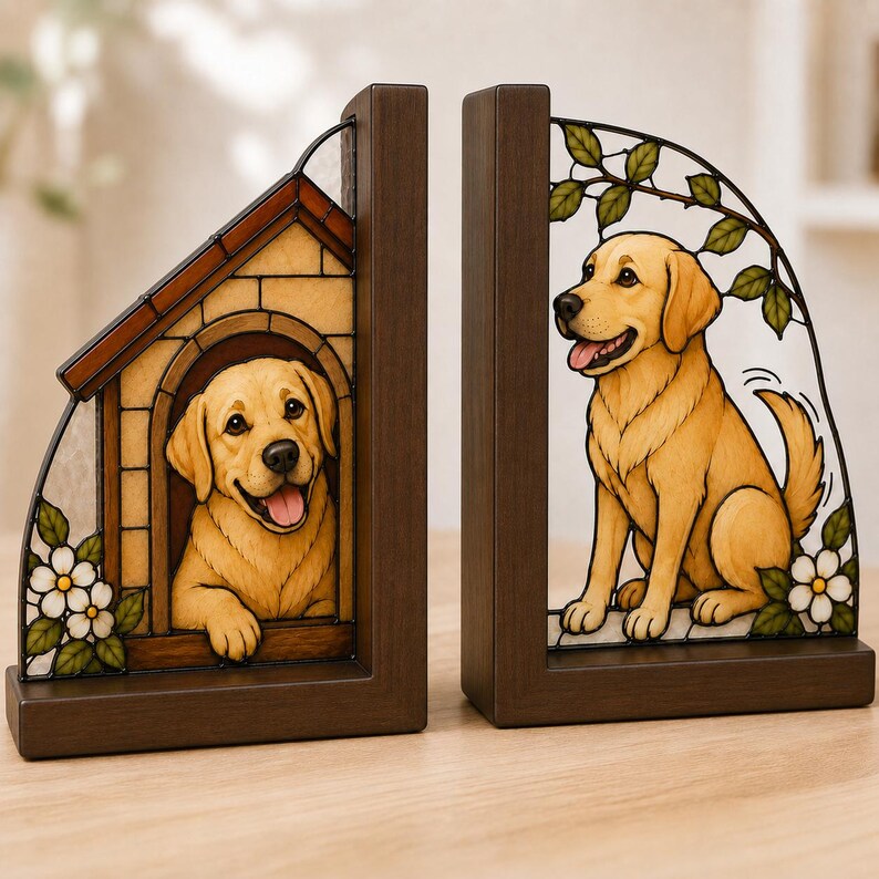 Buchstützen mit Golden Retriever und Hundehütte, Buntglasoptik, Holzrahmen, 2er-Set, Deko für Bücherregal