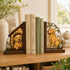 Buchstützen mit Golden Retriever und Hundehütte, Buntglasoptik, Holzrahmen, 2er-Set, Deko für Bücherregal
