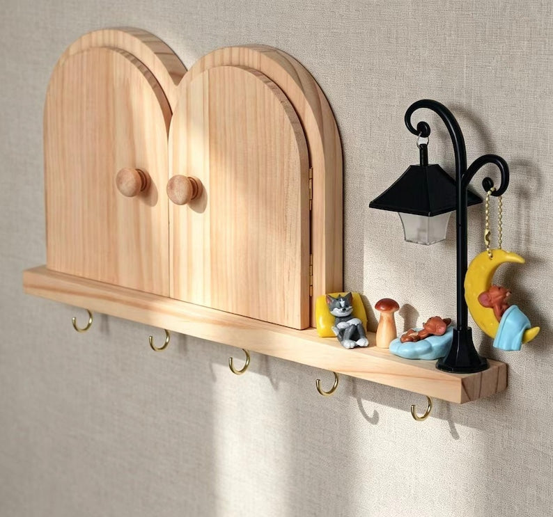 Holz Feentür Regal mit Haken | Rustikaler Wandorganizer | Miniatur Feentür Deko | Cottagecore Wanddeko