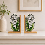 Maiglöckchen-Buchstützen aus Buntglas, Holz, botanische Deko, Bücherregalhalter