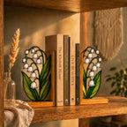 Maiglöckchen-Buchstützen aus Buntglas, Holz, botanische Deko, Bücherregalhalter