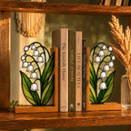 Maiglöckchen-Buchstützen aus Buntglas, Holz, botanische Deko, Bücherregalhalter