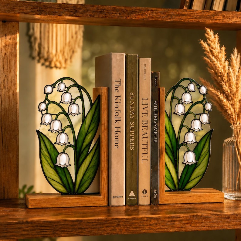 Maiglöckchen-Buchstützen aus Buntglas, Holz, botanische Deko, Bücherregalhalter