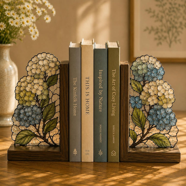 Buchstützen mit Hortensienmotiv aus Holz und Buntglas, Blumendekoration für Bücherregal, botanische Buchstützen im Buntglas-Stil