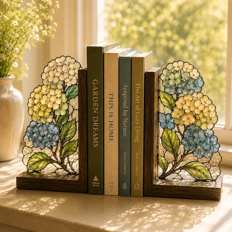 Buchstützen mit Hortensienmotiv aus Holz und Buntglas, Blumendekoration für Bücherregal, botanische Buchstützen im Buntglas-Stil