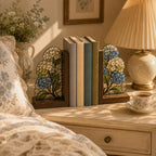 Buchstützen mit Hortensienmotiv aus Holz und Buntglas, Blumendekoration für Bücherregal, botanische Buchstützen im Buntglas-Stil