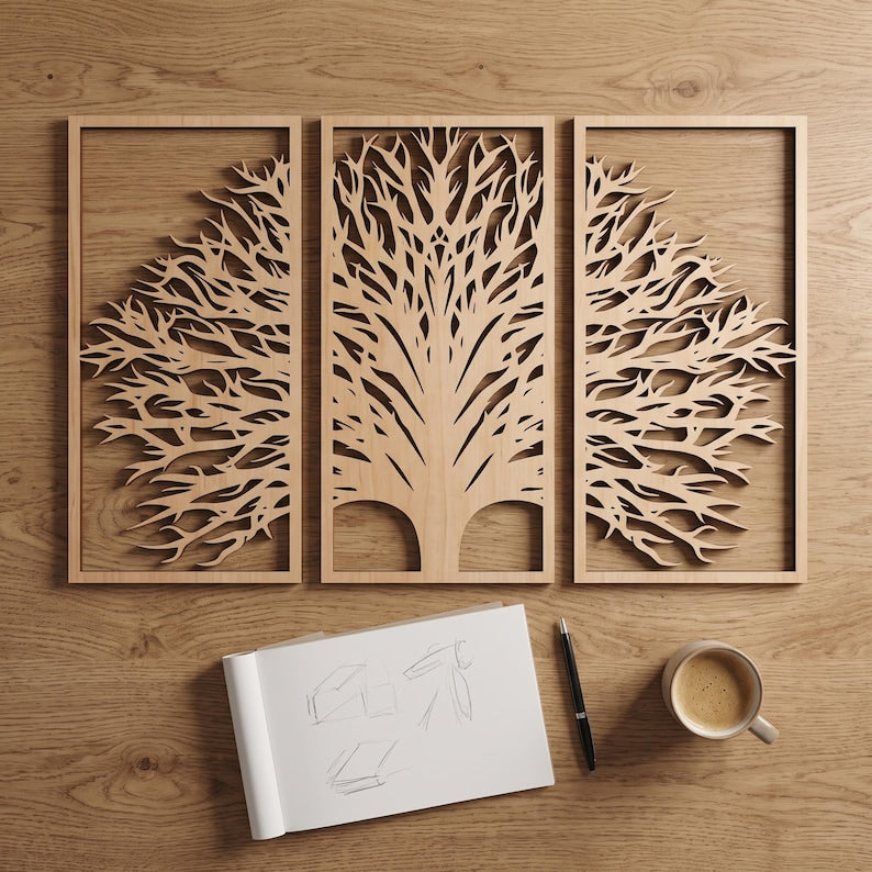 3-teiliges Wandbild aus Holz, Triptychon Baumkunst, Japandi Wandpaneel-Dekor, großes Wandbild, moderne Holzkunst