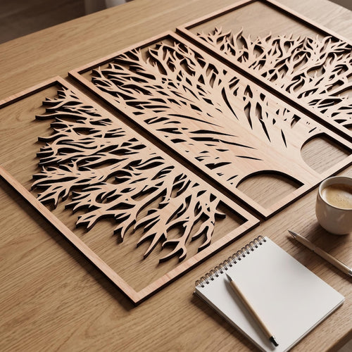 3-teiliges Wandbild aus Holz, Triptychon Baumkunst, Japandi Wandpaneel-Dekor, großes Wandbild, moderne Holzkunst