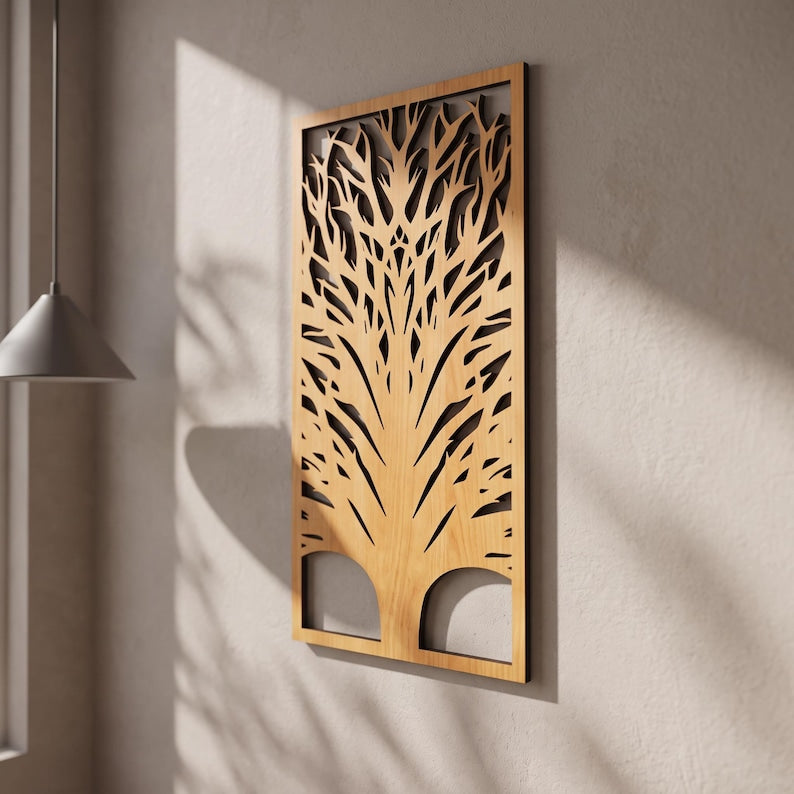 3-teiliges Wandbild aus Holz, Triptychon Baumkunst, Japandi Wandpaneel-Dekor, großes Wandbild, moderne Holzkunst