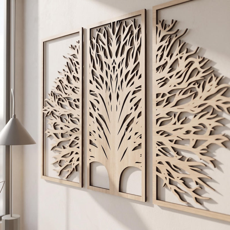 3-teiliges Wandbild aus Holz, Triptychon Baumkunst, Japandi Wandpaneel-Dekor, großes Wandbild, moderne Holzkunst
