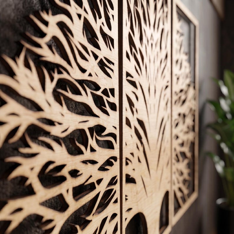 3-teiliges Wandbild aus Holz, Triptychon Baumkunst, Japandi Wandpaneel-Dekor, großes Wandbild, moderne Holzkunst