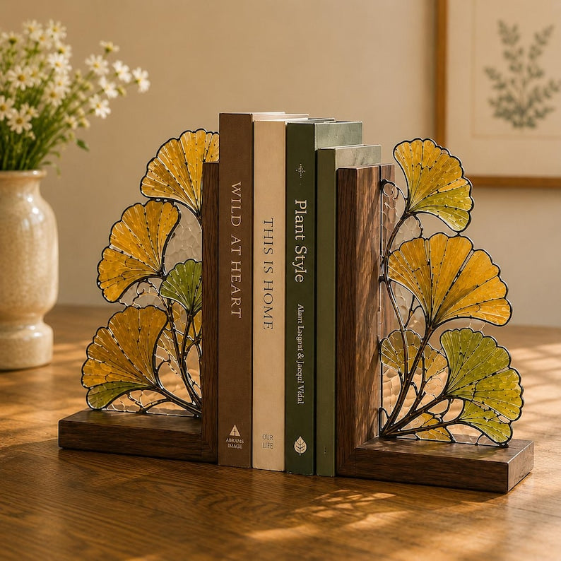 Ginkgoblatt-Buchstützen aus Holz im Buntglas-Stil, 2er-Set, botanische Bücherregal-Deko, Cottagecore-Stil, für Bücherregal, Schreibtisch, Bibliothek