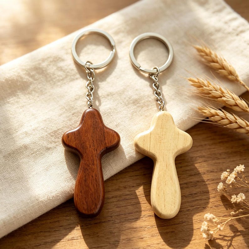 Holzkreuz Schlüsselanhänger 60x34x12 mm mit Metallring, christliches Geschenk