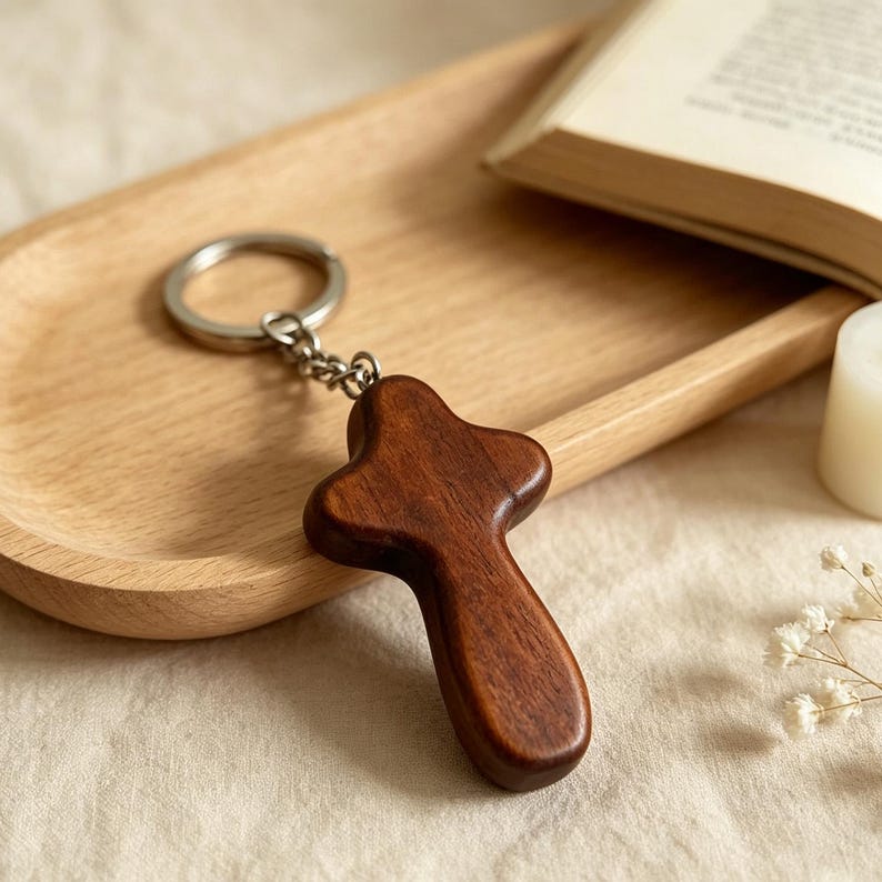 Holzkreuz Schlüsselanhänger 60x34x12 mm mit Metallring, christliches Geschenk
