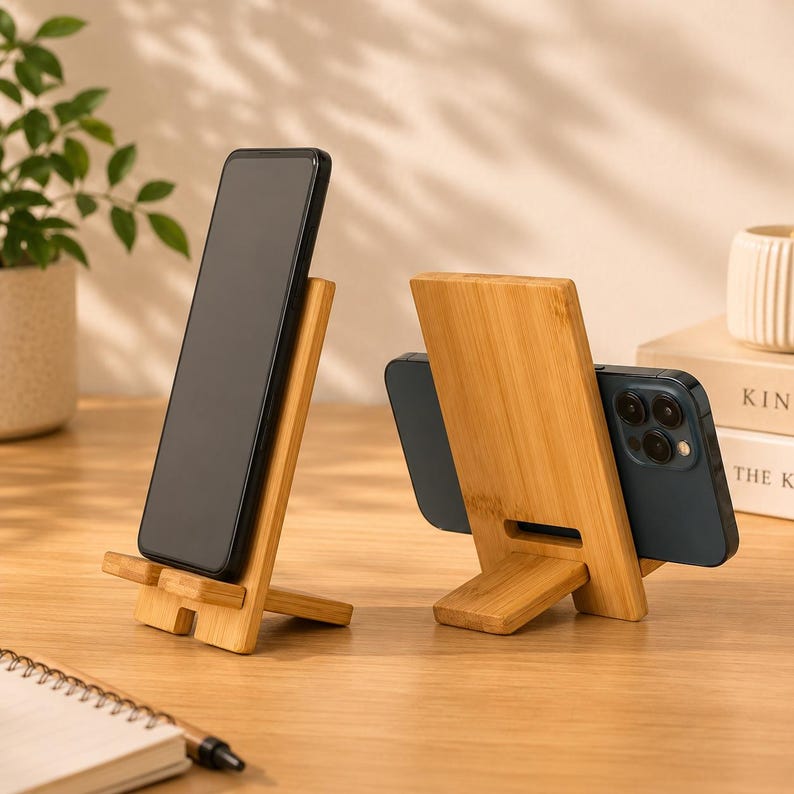 Bambus Handyhalter für Smartphones – Ständer mit Kabelöffnung, Hoch- und Querformat, für Schreibtisch und Nachttisch