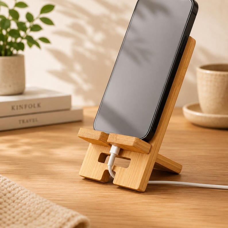 Bambus Handyhalter für Smartphones – Ständer mit Kabelöffnung, Hoch- und Querformat, für Schreibtisch und Nachttisch