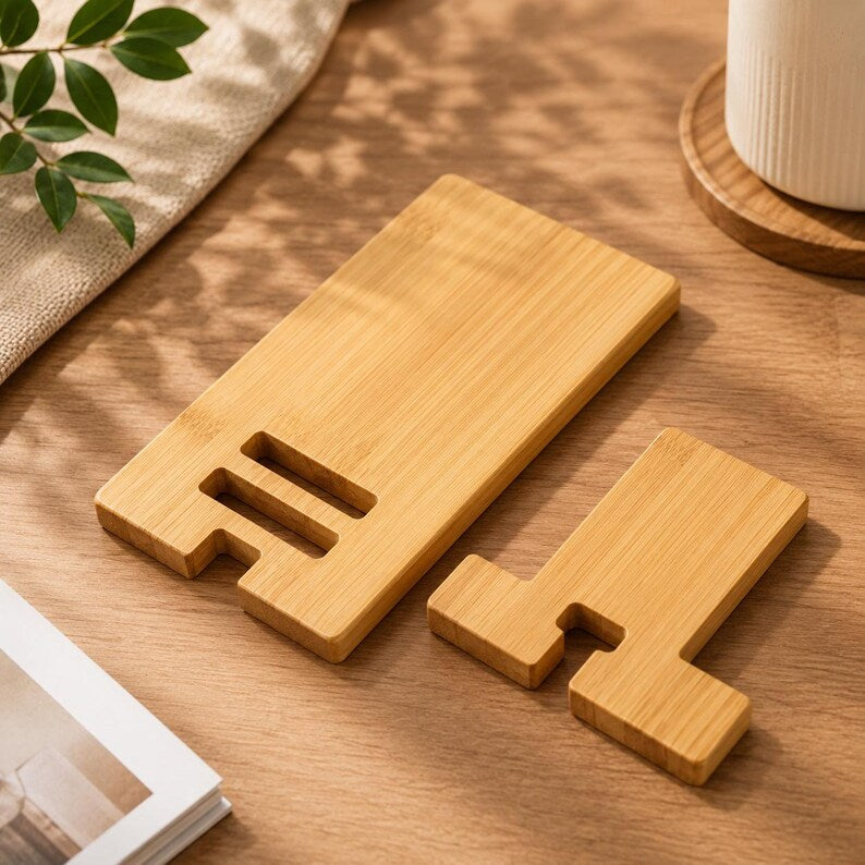 Bambus Handyhalter für Smartphones – Ständer mit Kabelöffnung, Hoch- und Querformat, für Schreibtisch und Nachttisch
