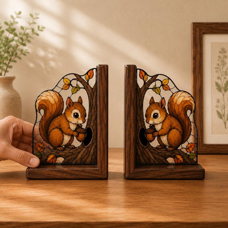 Squirrel Bookends Set of 2, Stained Glass Style Wooden Book Ends, Autumn Acorn Decor, Woodland Shelf Decor for Bookshelf