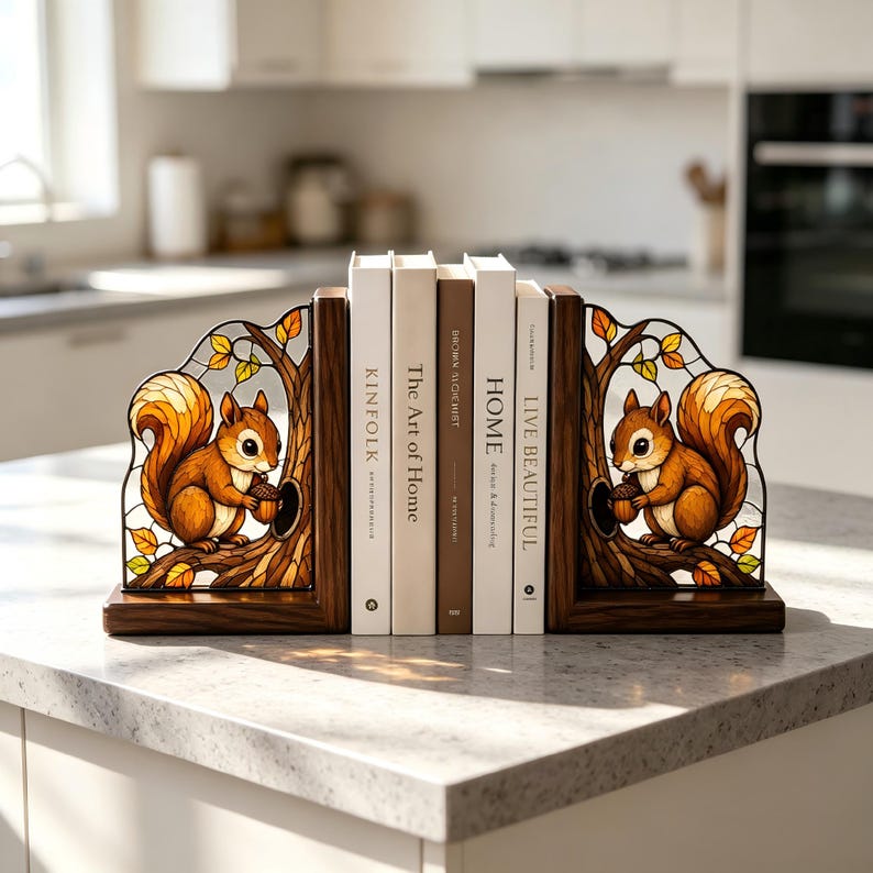 Squirrel Bookends Set of 2, Stained Glass Style Wooden Book Ends, Autumn Acorn Decor, Woodland Shelf Decor for Bookshelf