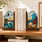 Leuchtturm Buchstützen aus Buntglas, Küsten-Deko mit Wellenmotiv, Buchhalter-Set für Bücherregal, Strandhaus Geschenk