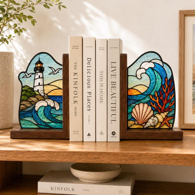 Leuchtturm Buchstützen aus Buntglas, Küsten-Deko mit Wellenmotiv, Buchhalter-Set für Bücherregal, Strandhaus Geschenk
