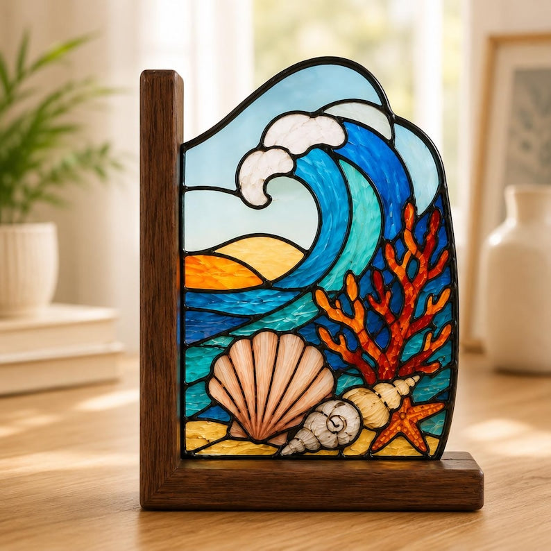 Leuchtturm Buchstützen aus Buntglas, Küsten-Deko mit Wellenmotiv, Buchhalter-Set für Bücherregal, Strandhaus Geschenk