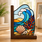 Leuchtturm Buchstützen aus Buntglas, Küsten-Deko mit Wellenmotiv, Buchhalter-Set für Bücherregal, Strandhaus Geschenk