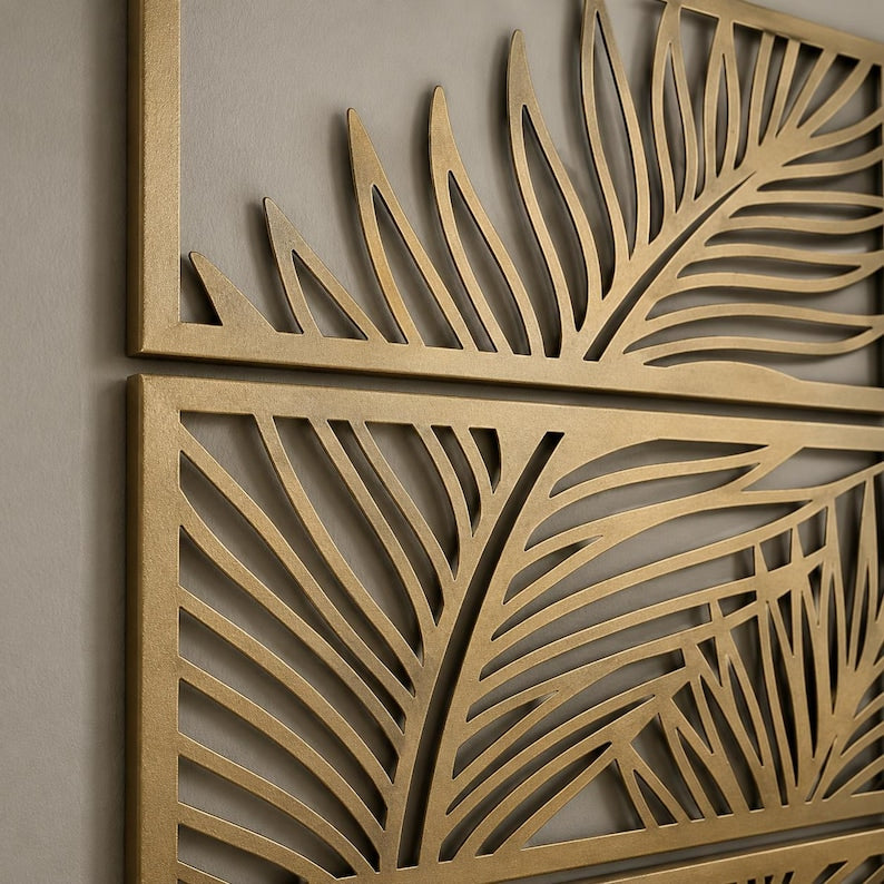 Wanddeko aus Metall mit Palmenblättern, tropische Wandpaneele, botanisches Triptychon, Japandi-Wanddeko, Boho-Wanddeko aus Metall, Deko-Set für über dem Bett