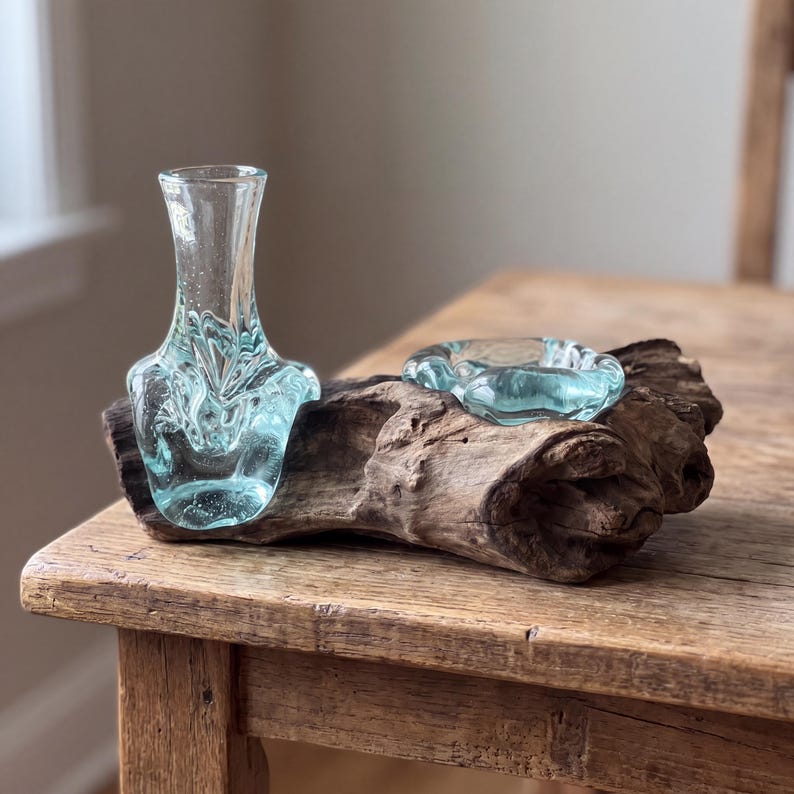 Treibholz-Glasvase mit Teelichthalter – Geschmolzenes Glas auf Holz, rustikales Walddekor, Mini-Blumenvase
