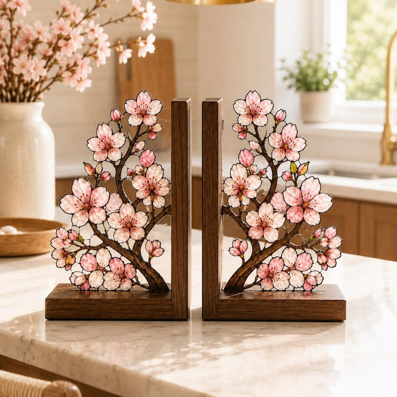 Kirschblüten-Buchstützen aus Glas mit Holzsockel, 2er-Set