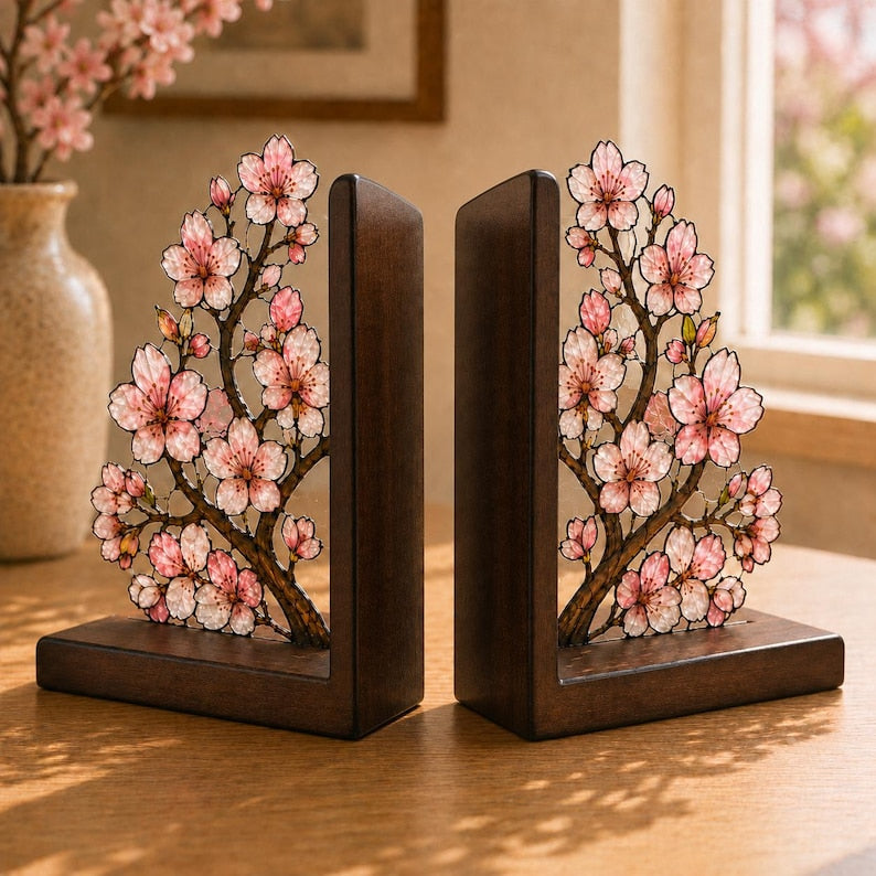 Kirschblüten-Buchstützen aus Glas mit Holzsockel, 2er-Set