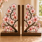 Kirschblüten-Buchstützen aus Glas mit Holzsockel, 2er-Set