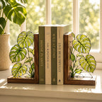 Monstera-Buchstützen aus Buntglas, botanische Buchstützen aus Walnussholz, tropische Pflanzen-Akzente für Bücherregal, Geschenk für Bücherliebhaber