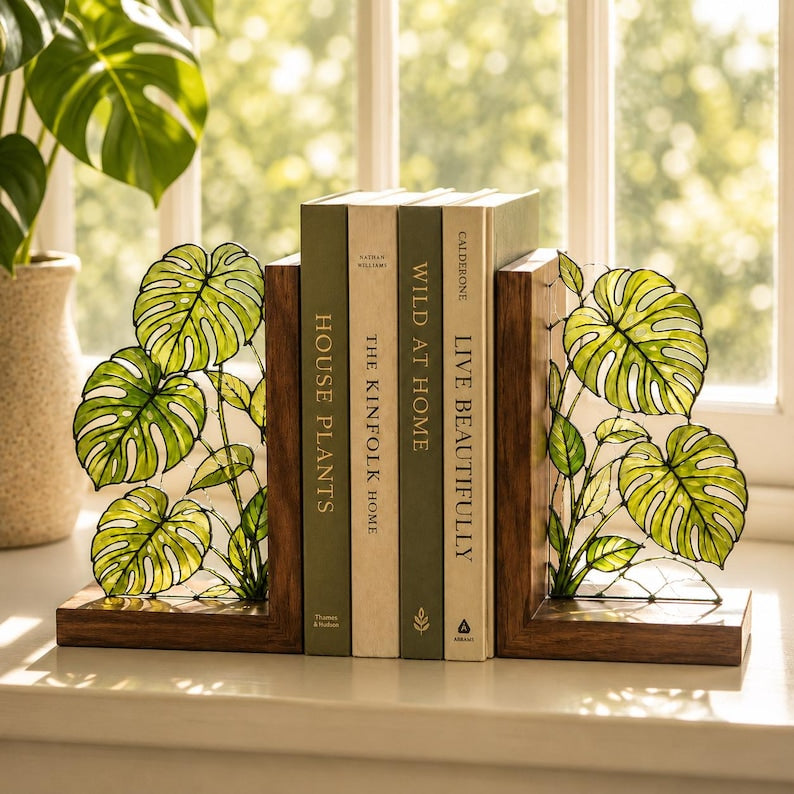 Monstera-Buchstützen aus Buntglas, botanische Buchstützen aus Walnussholz, tropische Pflanzen-Akzente für Bücherregal, Geschenk für Bücherliebhaber