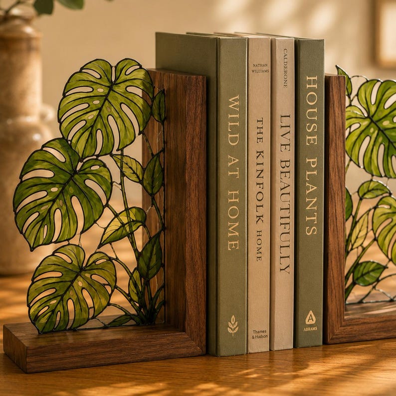 Monstera-Buchstützen aus Buntglas, botanische Buchstützen aus Walnussholz, tropische Pflanzen-Akzente für Bücherregal, Geschenk für Bücherliebhaber