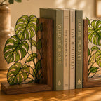 Monstera-Buchstützen aus Buntglas, botanische Buchstützen aus Walnussholz, tropische Pflanzen-Akzente für Bücherregal, Geschenk für Bücherliebhaber