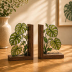 Monstera-Buchstützen aus Buntglas, botanische Buchstützen aus Walnussholz, tropische Pflanzen-Akzente für Bücherregal, Geschenk für Bücherliebhaber