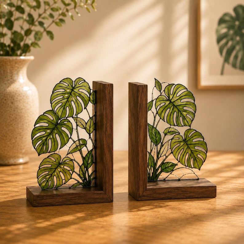 Monstera-Buchstützen aus Buntglas, botanische Buchstützen aus Walnussholz, tropische Pflanzen-Akzente für Bücherregal, Geschenk für Bücherliebhaber