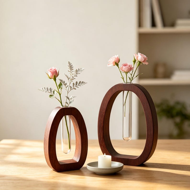 Holzvase mit Reagenzglas | Minimalistische Tischvase für frische und Trockenblumen
