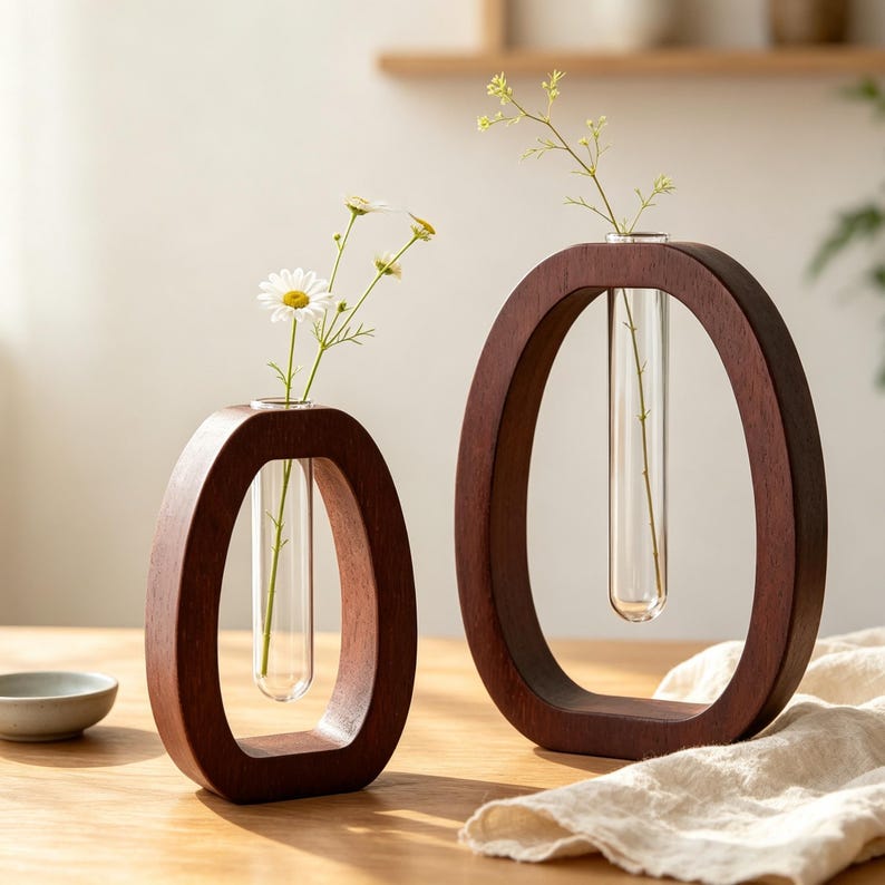 Holzvase mit Reagenzglas | Minimalistische Tischvase für frische und Trockenblumen