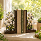 Weiße Lilien-Buchstützen aus Holz, florale Buchstützen im Buntglas-Stil für Bücherregal, botanische Deko
