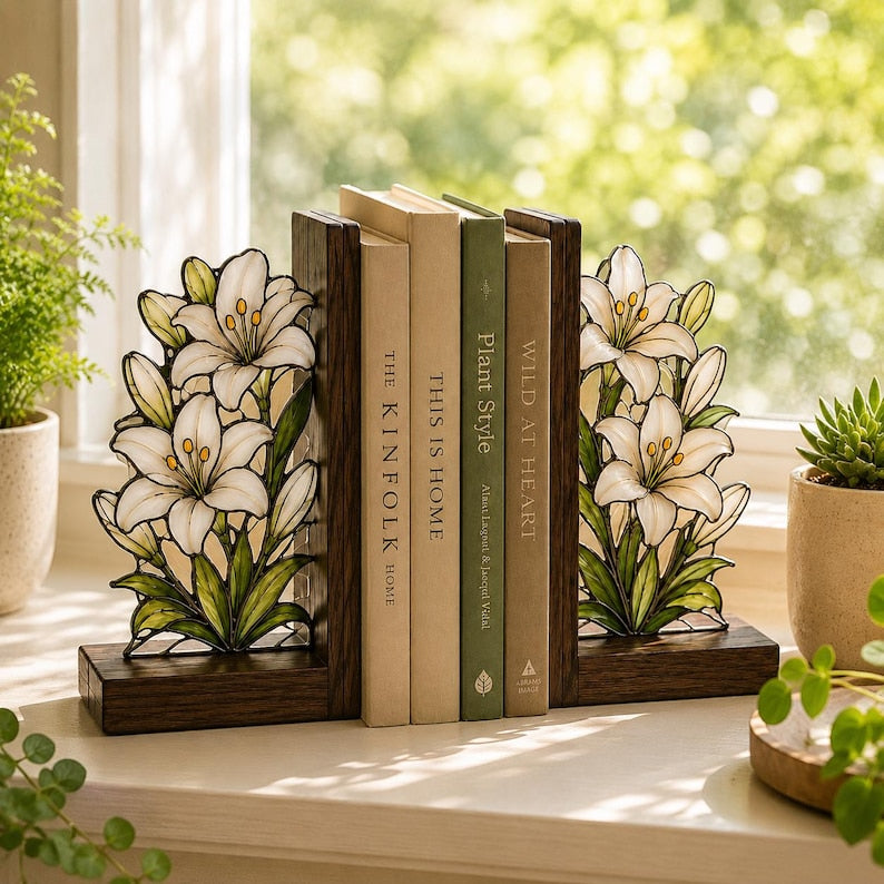 Weiße Lilien-Buchstützen aus Holz, florale Buchstützen im Buntglas-Stil für Bücherregal, botanische Deko