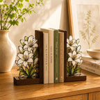 Weiße Lilien-Buchstützen aus Holz, florale Buchstützen im Buntglas-Stil für Bücherregal, botanische Deko