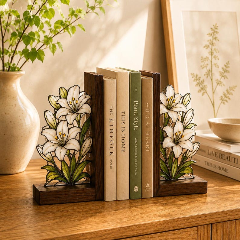 Weiße Lilien-Buchstützen aus Holz, florale Buchstützen im Buntglas-Stil für Bücherregal, botanische Deko
